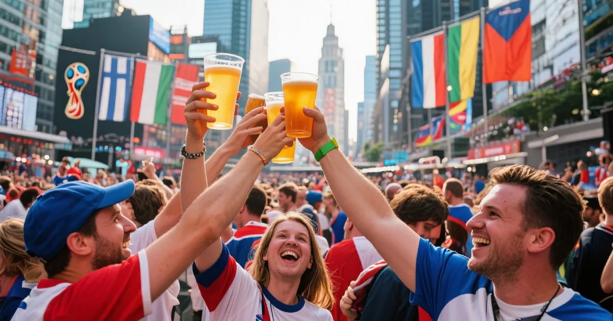 球迷在城市广场庆祝世界杯