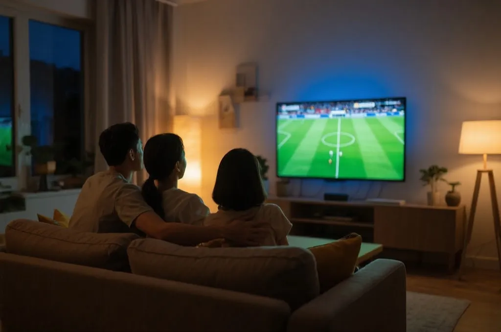 家庭围坐观看世界杯比赛的温馨场景
